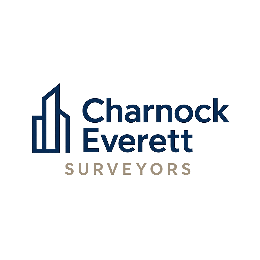 Original Charnock Everett Surveyors logo in navy and gold